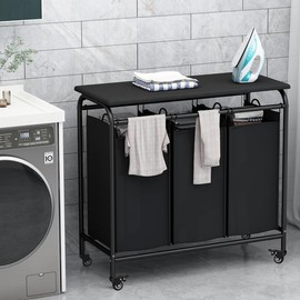 LINZINAR 3 Bags Laundry Sorting Basket with Ironing Board and Detachable Waterproof Bag, Heavy-duty Rolling Lockable Wheel Laundry Cart Black Friday - Color: grey