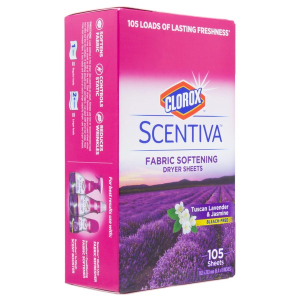 Clorox Scentiva Fabric Softening Dryer Sheets | Fabric Sheets in Tuscan Lavender & Jasmine Scent | Laundry Dryer Sheets for Fresh & Clean Clothes| 105 Count