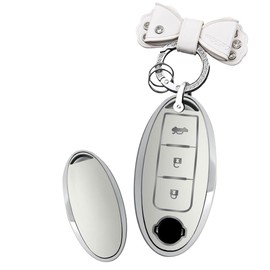 HIBEYO 3 Button Key Fob Cover for Nissan Qashqai Juke X-Trail Micra Murano J10J11 X-Trail T31 T32 Maxima Altima Sentra Infiniti G35 QX56 FX35 Q50 G37 Car Accessories-Bow Key Chain(White)