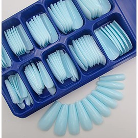 100pc Colored Coffin Press on Nails Glossy Light Blue Ballerina Shape Long Coffin False Fake Artificial Acrylic Nail Tips Women Girls Manicure Decor ( Baby Blue )