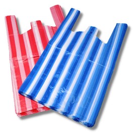 100 Blue & 100 Red Efforias Large (11 X 17 X 21) Candy Stripe Plastic Vest Carrier Shopping Bags