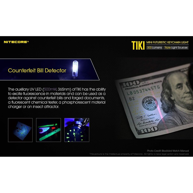 NITECORE Tiki 365nm UV/High CRI White Rechargeable Keychain/Gemstone ID Flashlight