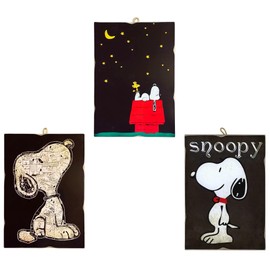 KUSTOM ART Set of 3 Vintage Style Cartoon Series Snoopy Cartoons Print on Wood 25 x 18 cm