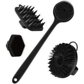 4 pcs Cepillo de Baño de Silicona, cepillo de limpieza de espalda de mango largo, cepillo de baño corto, cepillo para lavar el pelo y cepillo para lavar la cara, herramientas de limpieza (black)