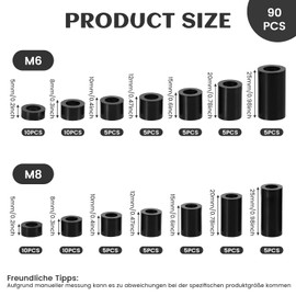90 Stück Distanzhülsen​​ M6/M8, ​​Nylon​​ Abstandshalter Kunststoff mit Aufbewahrungsbox, Distanzhülsen ​​M6 M8 Schrauben​​, ​​Wiederverwendbar​​ Distanzscheiben Ohne Gewinde (Schwarz）