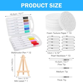 Puffy Paint Painting Set for Kids, 10× Foam Texture Paper, 12 Colours Markers, 3 Water Brushes, 10 Bead Chains & Mini Easel - 3D DIY Drawing Set (Round)