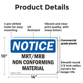 (2 Pack) Mrt Mrb Nonconforming Material OSHA Notice Sign 14 Inch X 10 Inch Plastic Sign, Weather Resistant, UV Protected for Workplace, Business, and Construction Site, Made in the USA