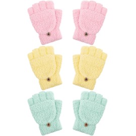 Geyoga 3 Pairs Kids Fingerless Gloves Winter Flip Gloves Warm Convertible Mitten for Girls Teenager Half Fingerless Mittens(Pink, Yellow, Light Green,5-10 Years)