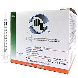 Jeringas para insulina 1 mL aguja 30G X 13mm, caja con 100 piezas