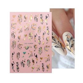Rose Gold Flower Women Face Leopard Print Nail Sticker Geometric Lines Leaf Sj004 Black Gold Nail Wraps Art Stickers Manicure Supplies for Women for Home Nails Full Long Lasting Easy Apply and Remove