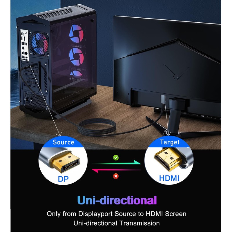 4K DisplayPort to HDMI Cable 6FT, Uni-Direction DP 1.2 (Source)