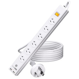 HITRENDS Power Board with1.5M Extension Cord, Power Strip Surge Protector, 6 Widely AC Outlets 2 USB, 240V/10A, Wall Mount for Home, Office, Travel