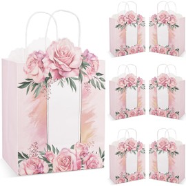 Addveyra Paper Goodie Bags with Handles Pink Rose Party Favor Bags for Birthday/Wedding Holiday Supplies (6)