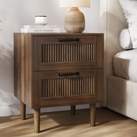 Smart FENDEE Fluted Nightstand with 2 Drawers, Bedside Table with Solid Wood Legs, Mid-Century Modern End Table for Bedroom, Home Office, Walnut