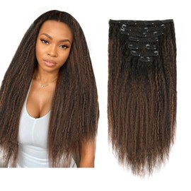 ABH AMAZINGBEAUTY HAIR Kinky Straight Clip ins Rooted Black Piano Natural Black #1B With Chocolate Brown #4 Two Tone Kinky Clip in Human Hair 12 Inch Kinky Clip ins for Black Women 120G Full Head