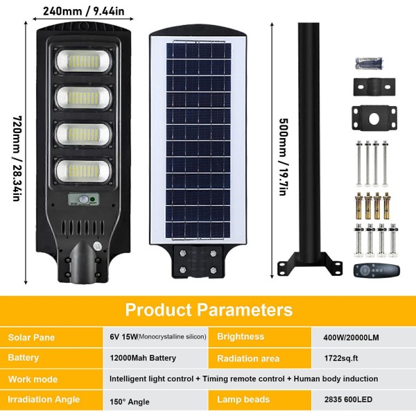 PFCTART 400W LED Solar Street Light IP65 Motion Sensor Commercial
