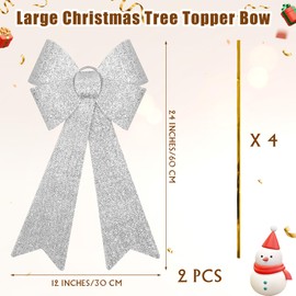 ANVAVO 2 Pieces LED Christmas Bow Christmas Tree Topper Bow Prelit Christmas Bows Decorations with Lights 24"x12" Large Xmas LED Lights Bow Battery Powered Christmas Bows for Wreath Garland, Silver