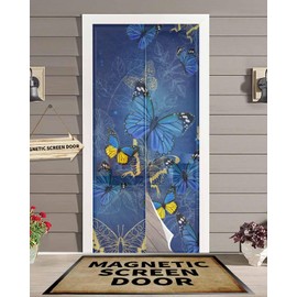 Hokiten Screen Door 38"x83" Blue Butterfly Door Screen Magnetic Closure, Yellow Navy Blue Butterfly Art Hands Free Magnetic Screen Door for Single/Sliding/Front Door