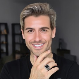 Men's Stainless Steel Ring with Black Agate Stone, Rectangular Shape, Striped Pattern Design (11)