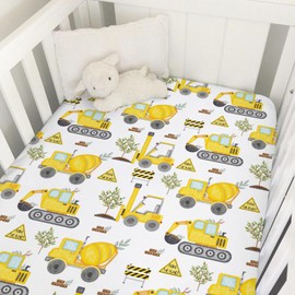 Construction Truck Excavator Tractor Trees Baby Crib Sheet 52''x28'' Cute Construction Trucks Plants Fitted Crib Mattress Sheet for Boy Girl Soft Nursery Bed Sheets for Standard Crib Toddler Mattress
