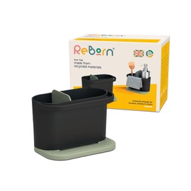 ReBorn - Recycled Sink Tidy - Kitchen Sink Organiser - Two Main Compartments - Integrated Dishcloth Rail - Ribbed, Sloping Base for Draining - Made in Britain (Sage Green & Charcoal Grey)