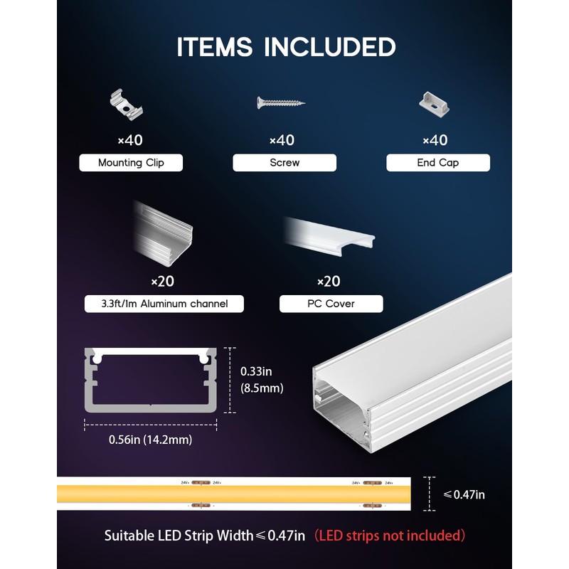 VOEWT 20Pack 3.3FT/1M LED Aluminum Channel U Shape with Milky