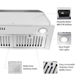 Joeaonz 20/30/36 inch Insert Range Hood 800CFM Kitchen Built in Vent 3-Speed Fan LEDs - MODEL 536in Button Control