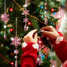 Lanpn 26 Pcs Christmas Ornaments Crystal Christmas Tree Decoration, Hanging Clear Acrylic Snowflake Icicle Drop Pendants for Xmas Winter Outdoor Indoor Party Decor Pink