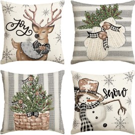 Christmas Cushion Covers Set of 4, Christmas Snowman Reindeer Gloves Eucalyptus Throw Pillow Covers 18x18,Linen Christmas Square Pillowcase for Sofa Car Home Christmas Decor Xmas Decorations