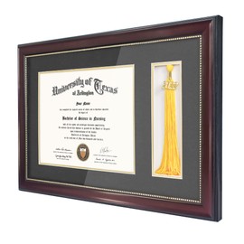 GraduationMall 11x17 Mahogany Diploma Frame with Tassel Holder for 8.5x11 Certificate Document,Real Glass, Black over Gold Mat
