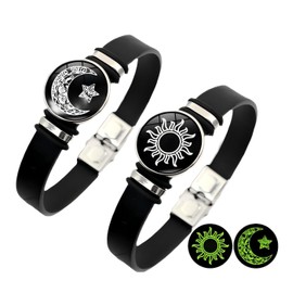 ZENRUIMING 2pcs sun star moon glow-in-the-dark bracelets, men's and women's black leather bracelets, sun moon star couple bracelets