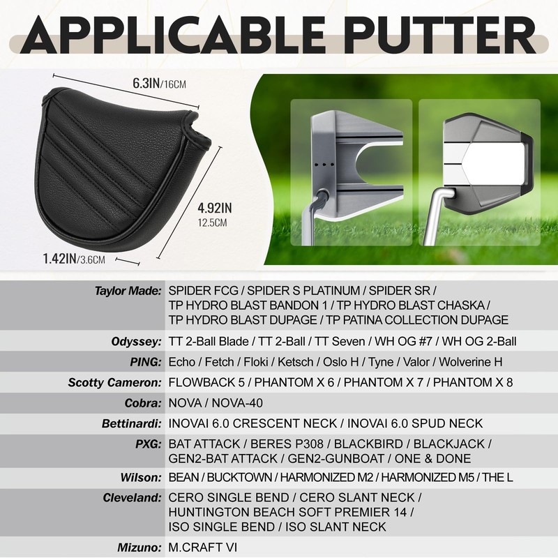 Golf Mallet Putter Head Cover Magnetic Closure Heel-shaft Club Protector