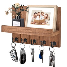 Kldgris Wooden Key Holder with Shelf, Key Holder with 5 Key Hooks, Decorative Wooden Wall Shelf for Entrance, Front Door, Hallway, Bedroom, Brown