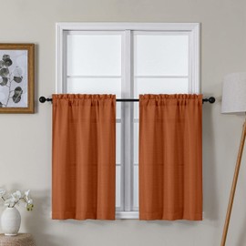 Lecloud Bessie Orange Kitchen Curtains 36 Inch Length 2 Panels Set, Faux Linen Textured Light-Filtering Short Curtains for Small Windows Basement Dining Room, Dual Rod Pocket, Each 30 W x 36 L