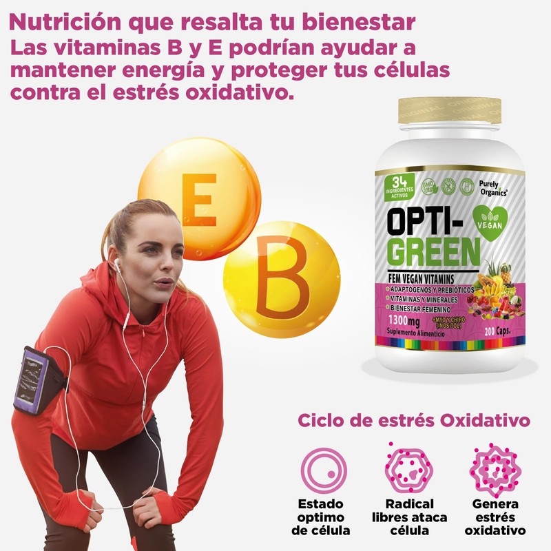 Opti-Green FemVegan Vitamins 200 Caps. Adaptogenos, Prebióticos, Vitaminas y Minerales