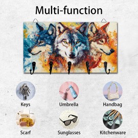 DELORIGIN Wolf Key Holder Wall Mounted Wooden Keys Racks Storage Organizer Hanger with 5 Key Hooks House Keys Holder for Wall Decor Door Entryway Hallway Kitchen New Home Gift