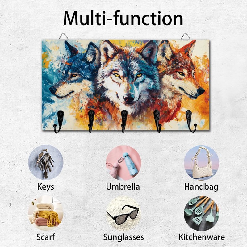 DELORIGIN Wolf Key Holder Wall Mounted Wooden Keys Racks Storage