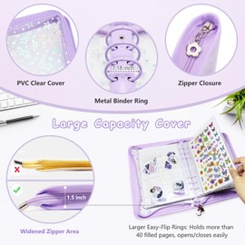 Ruatu Sticker Organizer Binder - Reusable Sticker Collecting Book Storage Album Holder with Pocket Pages A5 Zipper Cover Collection Container (Purple)