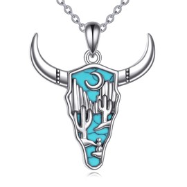 LWQQWL Cow Skull Necklace for Women 925 Sterling Silver Turquoise Pendant Cowboy Cowgirl Western Country Jewelry Gifts
