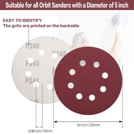 STEBRUAM 100PCS 125mm Sanding Discs 240 Grit, 5 Inch 8 Hole Hook and Loop Sanding Pads for Random Orbital Sander