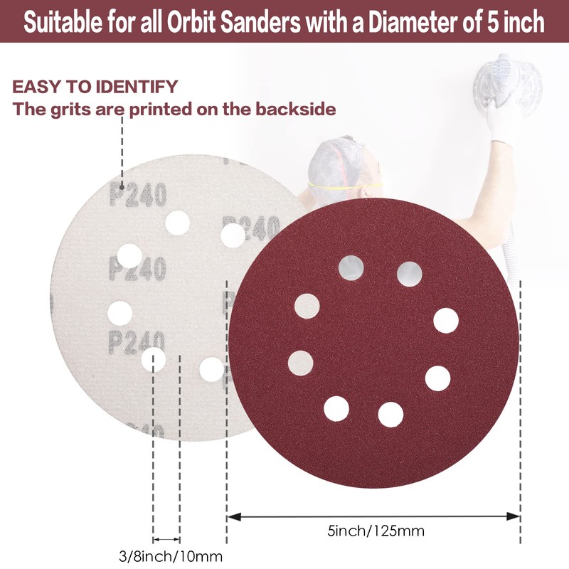STEBRUAM 100PCS 125mm Sanding Discs 240 Grit, 5 Inch 8