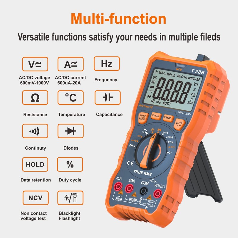 True RMS Digital Multimeter Tester, Auto-Ranging AC DC 20A Ohmmeter