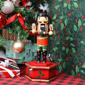 12" Animatronic Music Box Nutcracker Figure with Drum – Richly Decorated Wind up Wooden Christmas Decoration - Animated Nutcracker Decoration Plays Music and Moves. Gold Black Red and Green.
