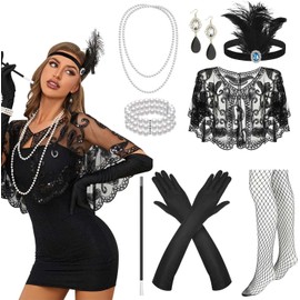 HomeChi Accesorios de Disfraz de 1920s Flapper Gatsby, Retro Pluma Hairband Collar de Perlas Guantes Pendientes Malla Calcetines Set para Cosplay Fiesta Halloween