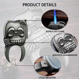 SMTSEC Creative Skull Lighter, Torch Lighters, Cool Windproof Lighter, Funny Lighters, Fancy Lighter, Unique Lighters, Refillable Adjustable Vintage Lighter, Metal Embossed Skull, Gift for Men, Blue