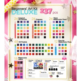 237-Piece Kids Art Set with Double-Sided Easel, Painting Kits for Kids Ages 4-8, Non-Toxic Art Supplies for Girls & Boys, Drawing Set with Watercolor, Oil Pastels, resent for Young Artists-Pink