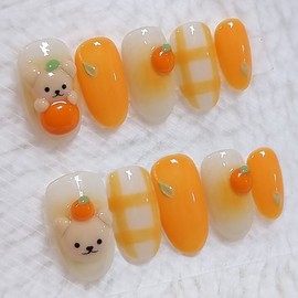 Tangerine bear handmade nail tip - short ballerina / 귤 곰돌이 수제네일팁 - 숏발레리나