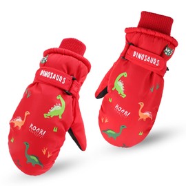 XIAOHAWANG Kids Ski Gloves Baby Boys Winter Dinosaur Glove Toddler Girls Waterproof Mittens 2-8 Years (M, Red Dinosaur)