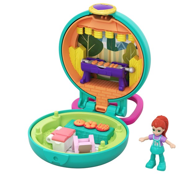 Polly Pocket Tiny Pocket Places Lila BBQ Compact with Removable Barbeque, Photo Customization, Reveals, Micro Lila Doll and Sticker Sheet