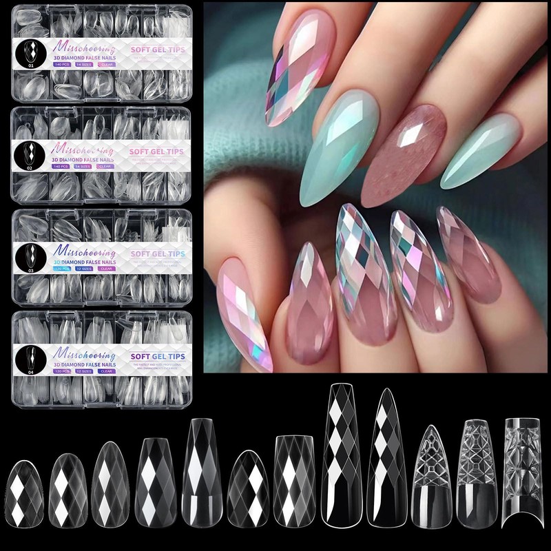 3D Diamond Nail Tips Extension | 12 Sizes Transparent Acrylic